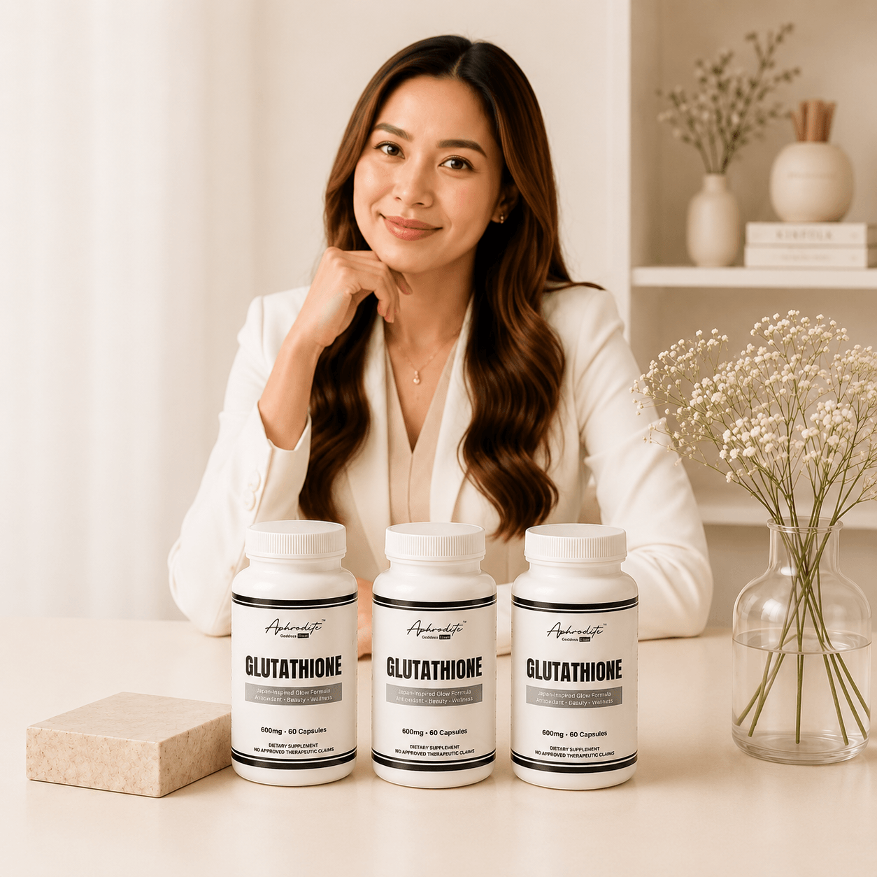 Maria Regina T. Garcia, founder of Aphrodite Goddess Glow, with Aphrodite product bottles