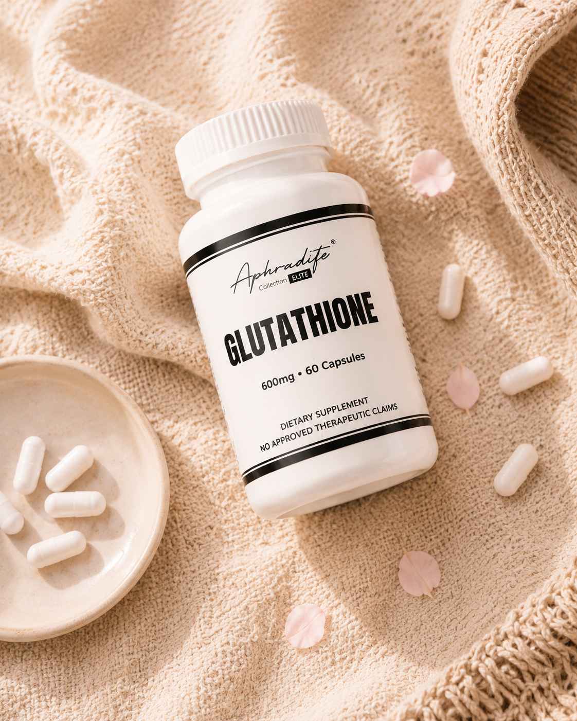 Aphrodite Goddess Glow glutathione bottle with capsules on a soft knit surface