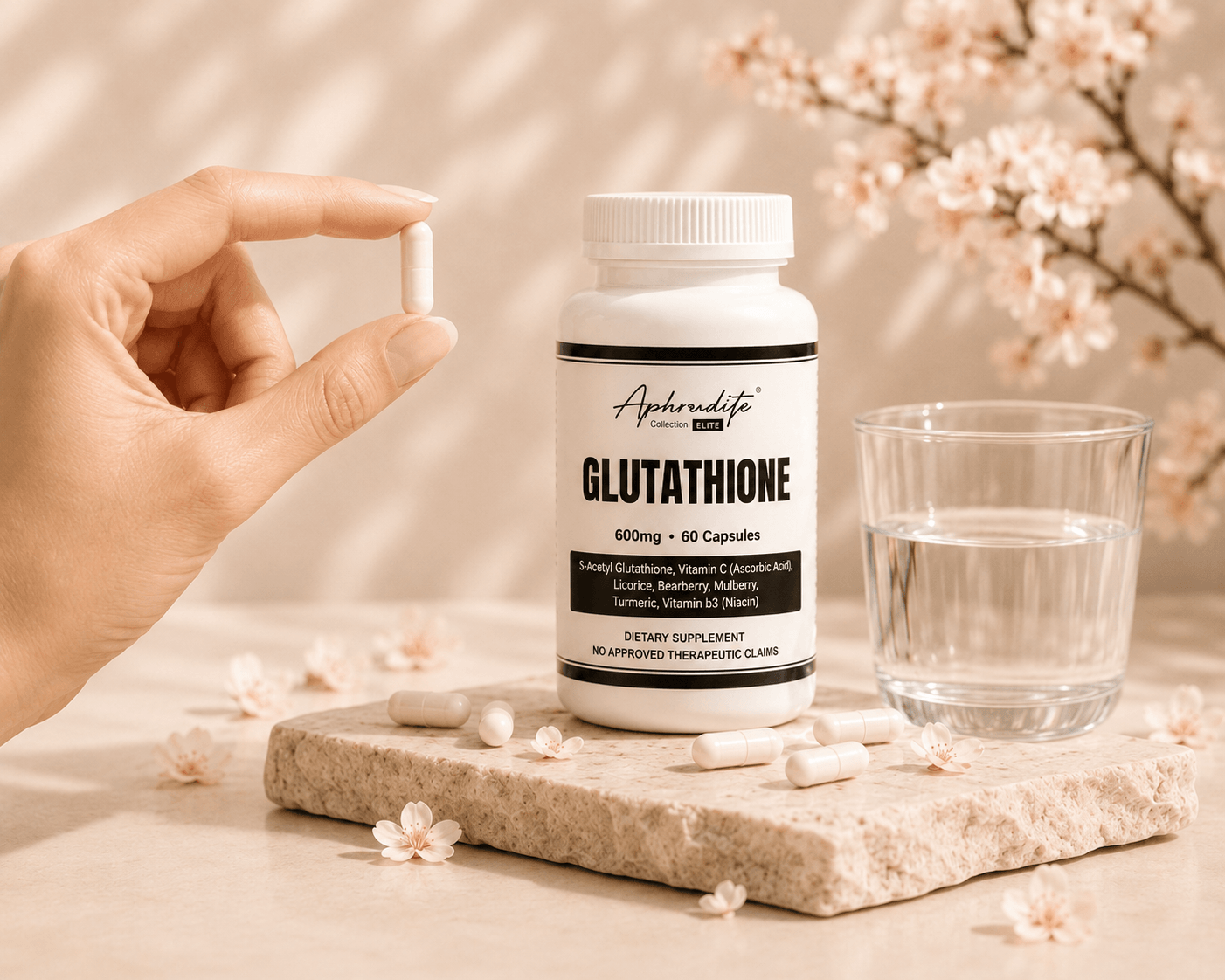 Hand holding a capsule next to Aphrodite Glutathione bottle and glass of water