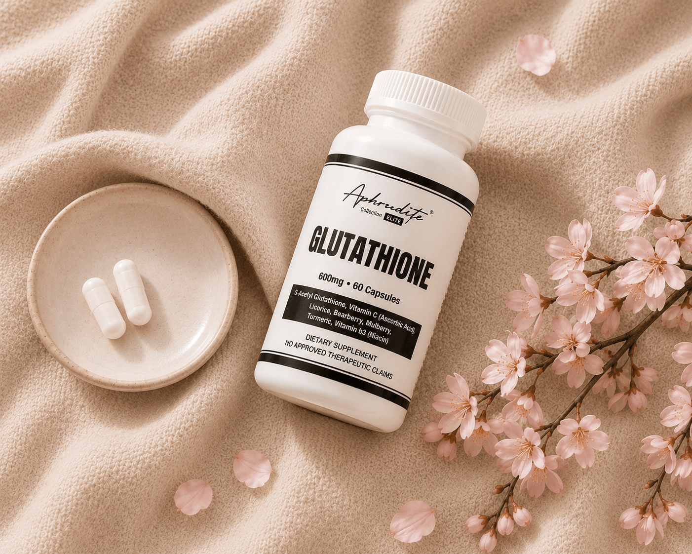 Aphrodite Glutathione bottle on soft fabric with capsules and cherry blossoms